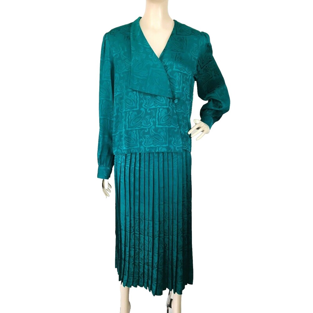 Vintage 80s Sakowitz 100% Silk Paisley Brocade Pleated Skirt & Blouse Dress Set